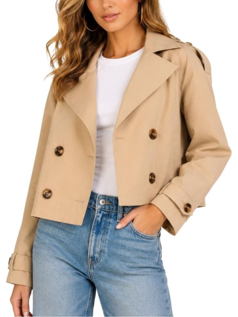 Women's Tan Oversized Cropped Fitted Double Breasted Trench Lapel Jacket